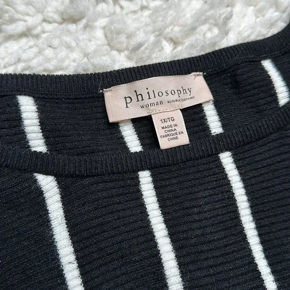 Philosophy Black White Vertical Stripes Rib Batwing Sleeve Slouchy Sweater ST11